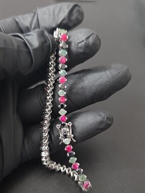 Sterling Silver 925 Tennis Bracelet with Ruby, Emerald And Onyx Gemstones